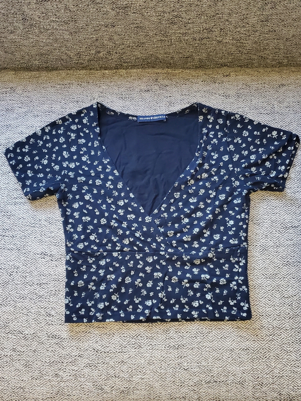 Brandy Melville Navy Floral Wrap Top V-Neck Short Sleeve